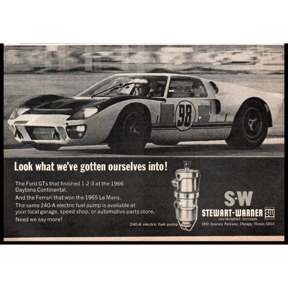 1966 Stewart Warner Auto Parts Ford GT Racing Vintage Print Ad Wall Art Photo